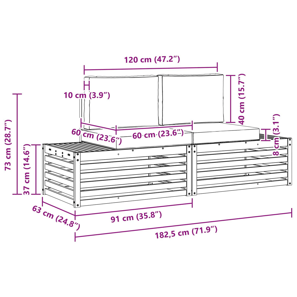 vidaXL Buiten bank set 2 Stuk Naturel 182,5 x 63 x 73 cm