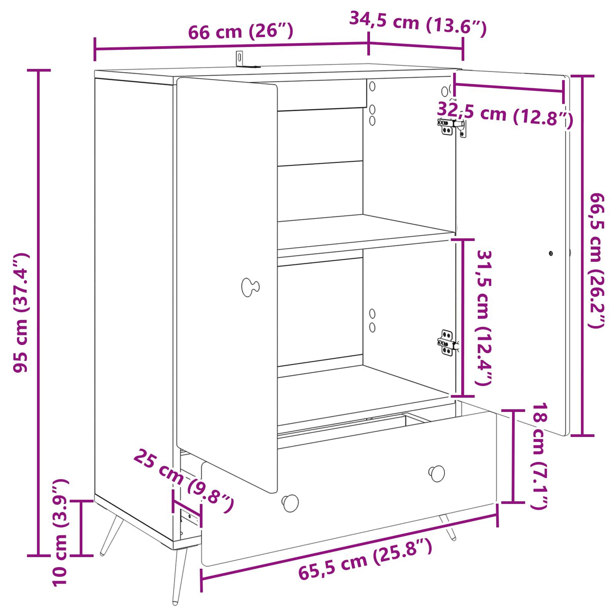 vidaXL Dressoir met lade Zwart 66 x 34,5 x 95 cm Bewerkt hout