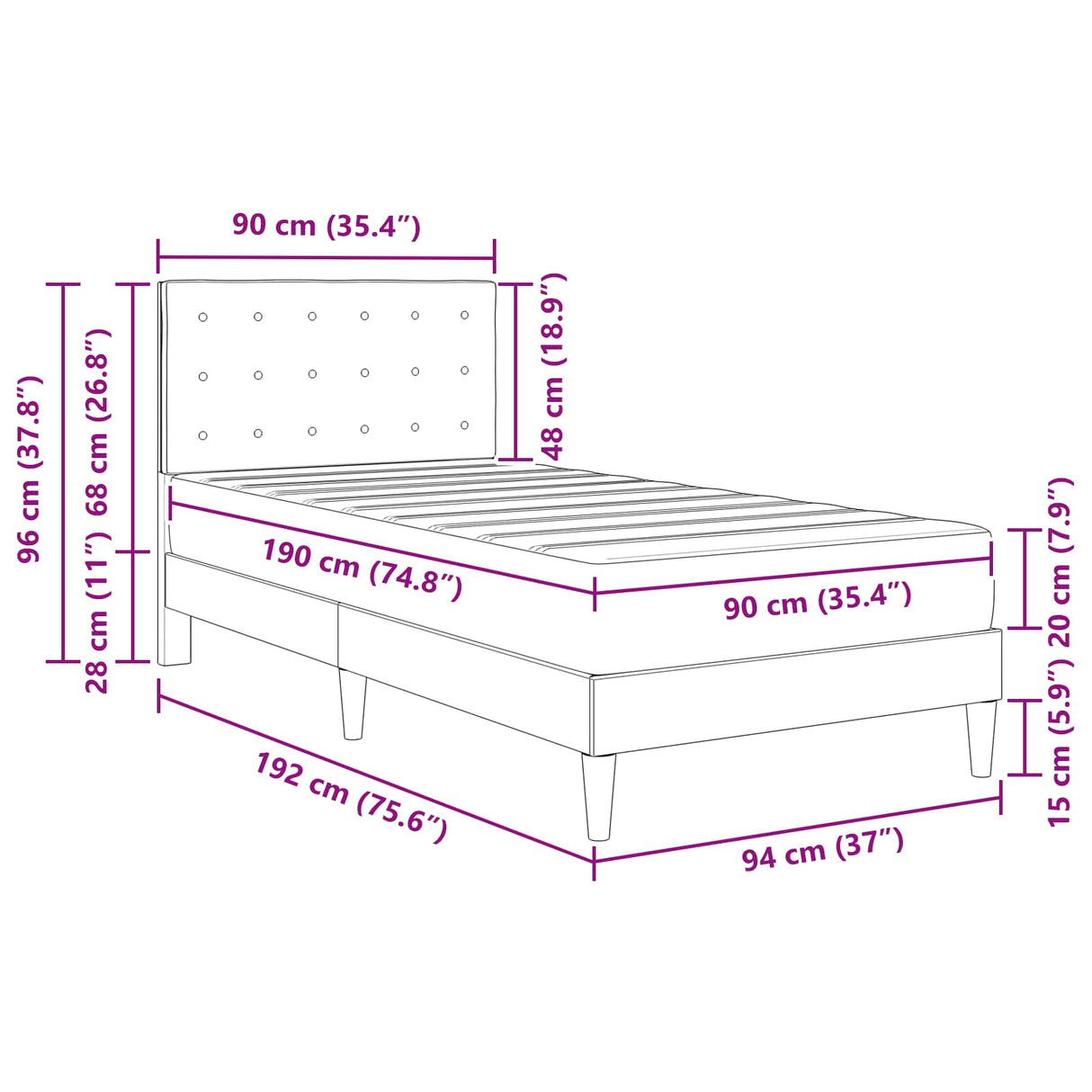 vidaXL Cadre de lit avec matelas et tête de lit Gris foncé 90 x 190 cm Tissu