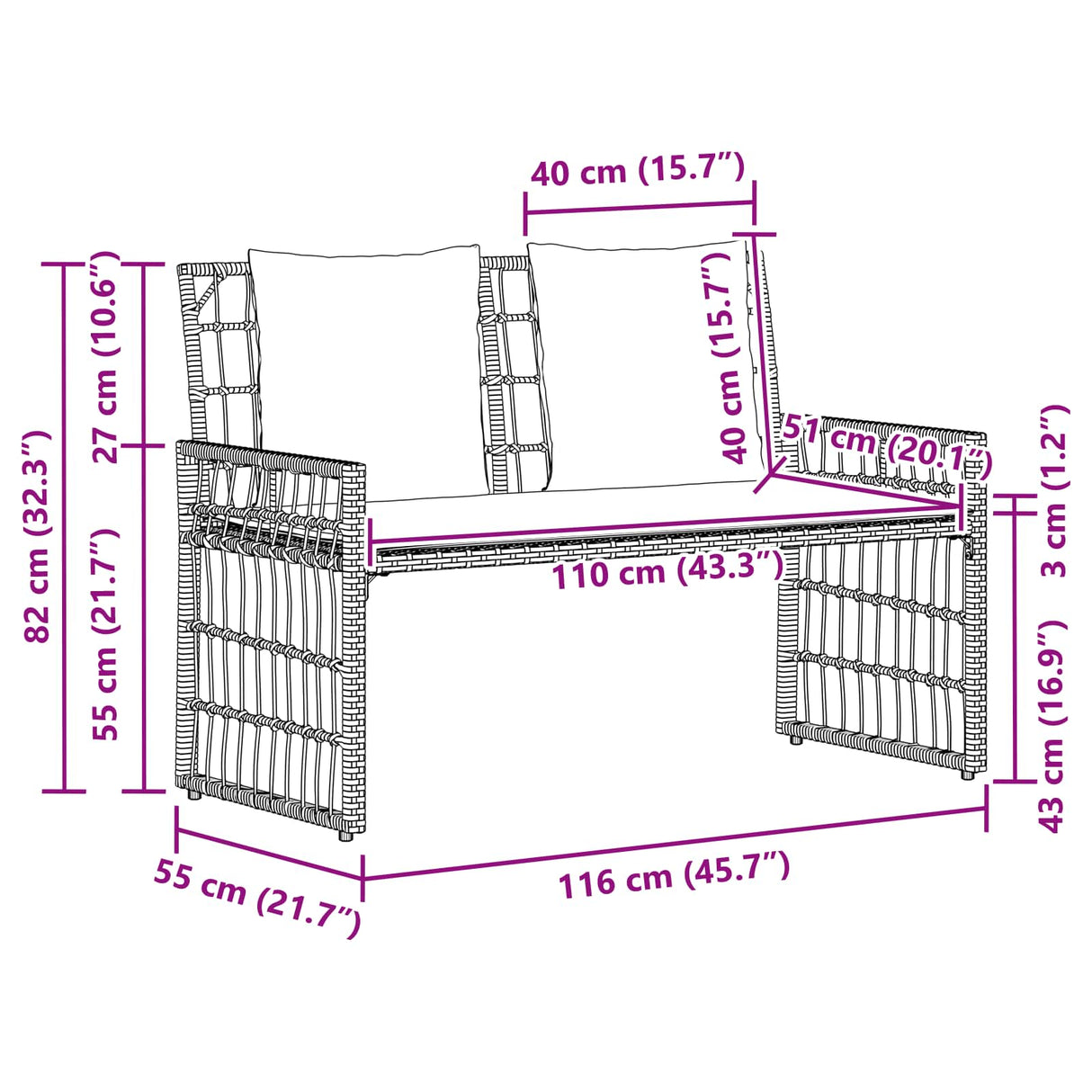 vidaXL Tuinbank Effen Zwart en Donker Grijs 116 x 55 x 82 cm