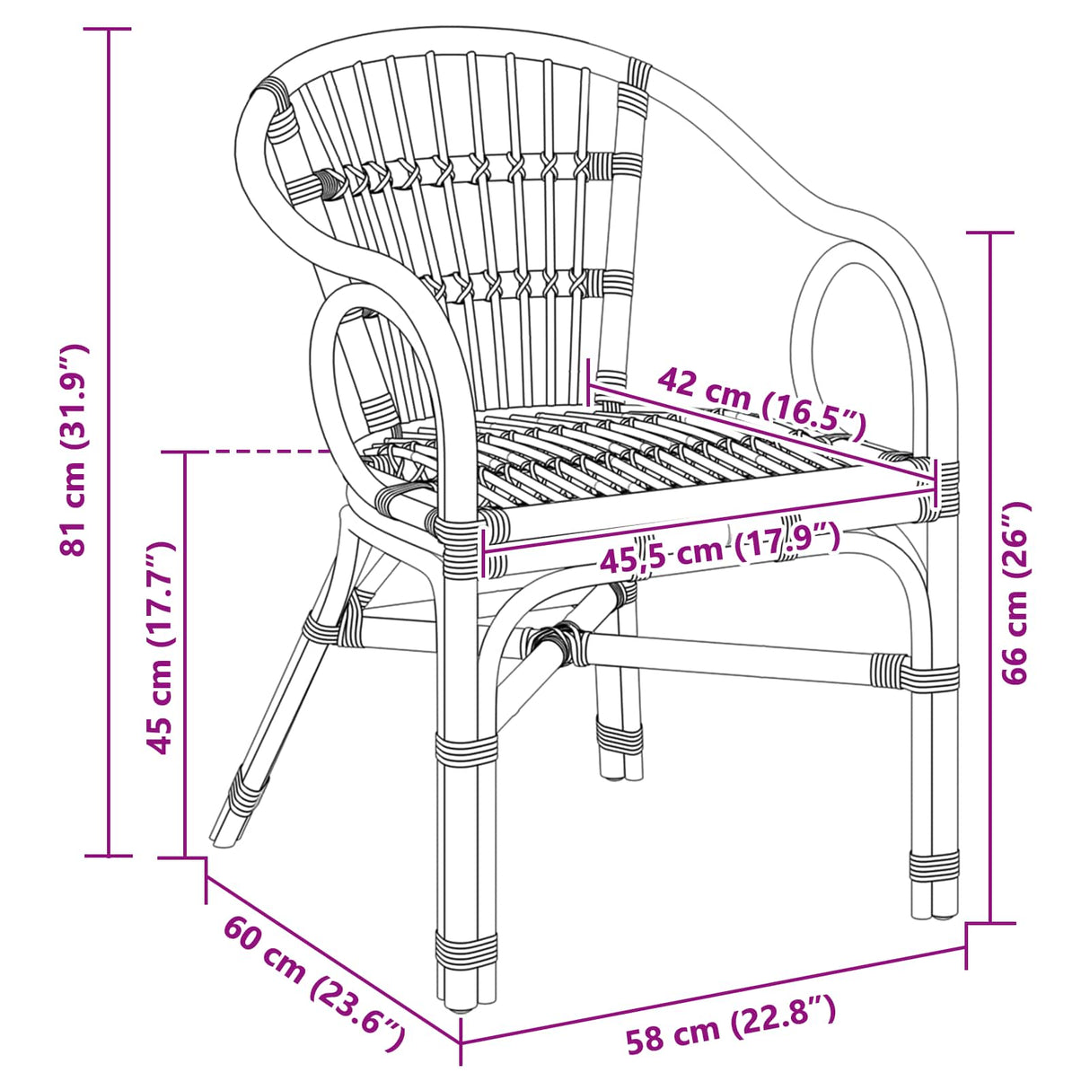 vidaXL Stacking Chair Natural 58 x 60 x 81 cm Rattan