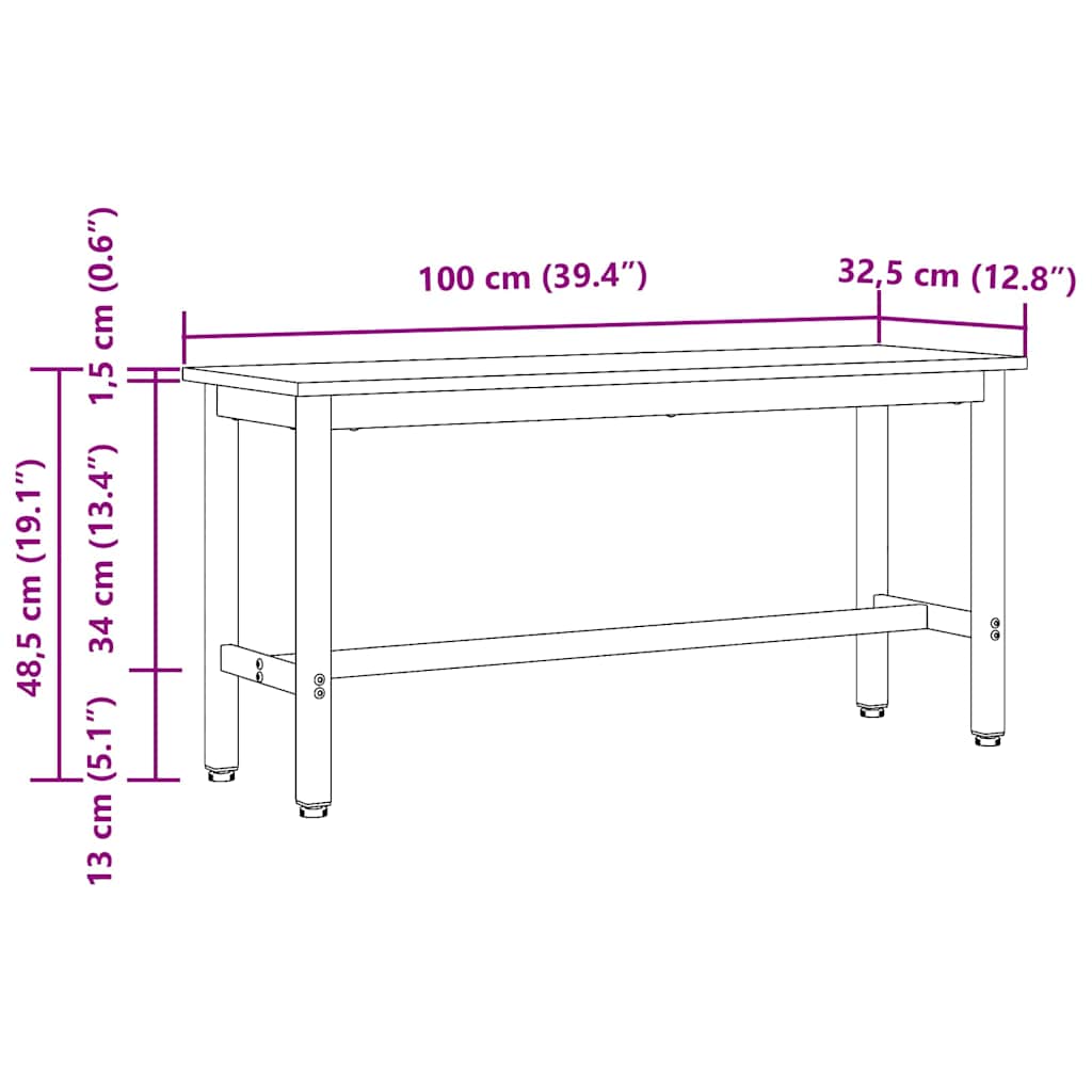 vidaXL Eetbank Zwart Eiken 100 x 32,5 x 48,5 cm
