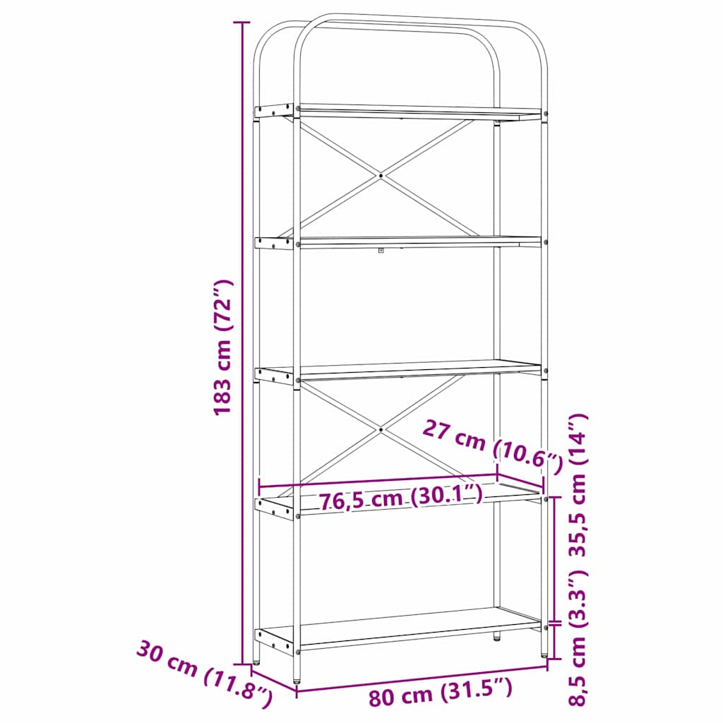 vidaXL Boekenplank Zwart Eiken 80 x 30 x 183 cm Bewerkt hout