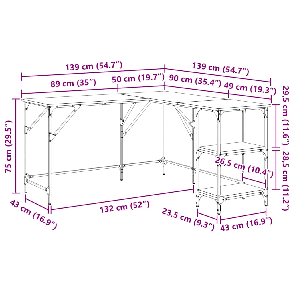 vidaXL Desk 139x139x75 cm engineered wood black