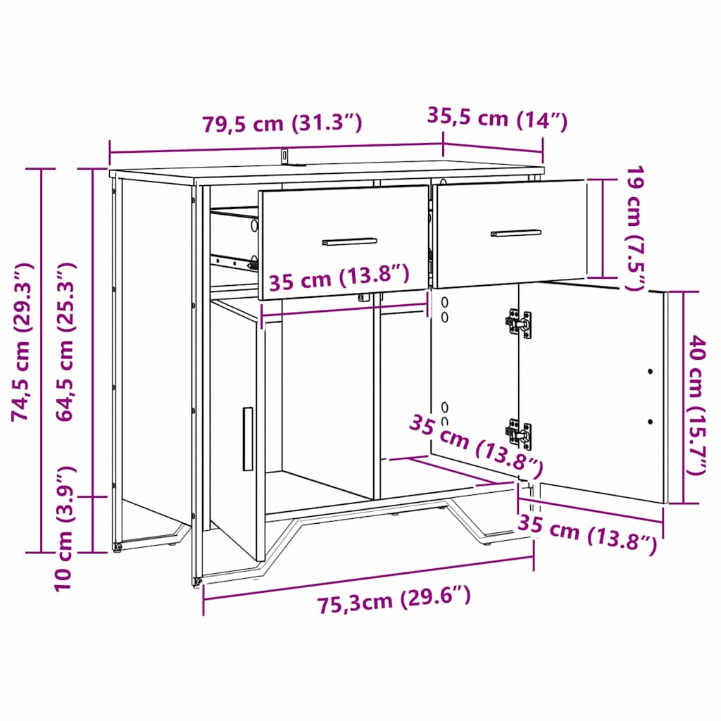 vidaXL Dressoir 79.5x35,5x74,5 cm bewerkt hout gerookt eikenkleurig