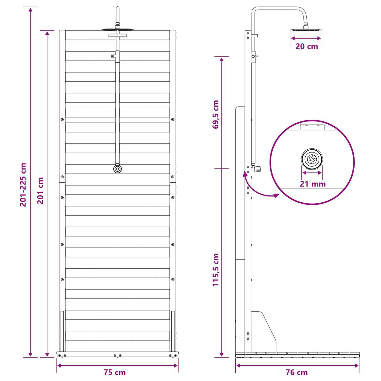vidaXL Buitendouche 225 cm Massief grenenhout en roestvrijstaal