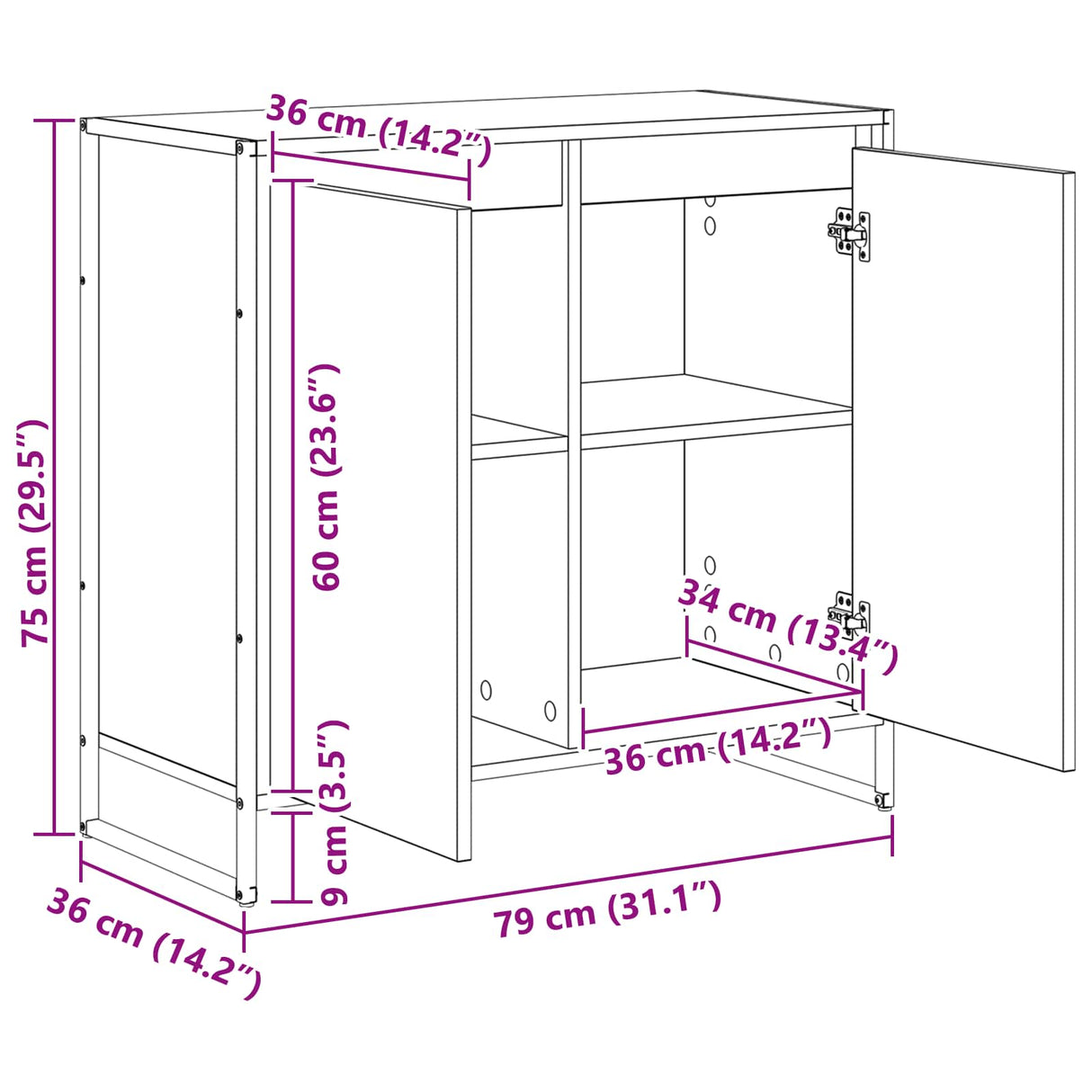 vidaXL Bijzetkast Zwart Eiken 79 x 36 x 75 cm Bewerkt hout