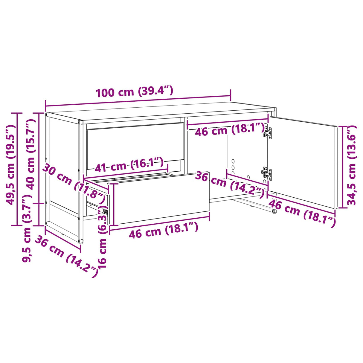vidaXL TV Kast met lade Zwart Eiken 100 x 36 x 49,5 cm Bewerkt hout