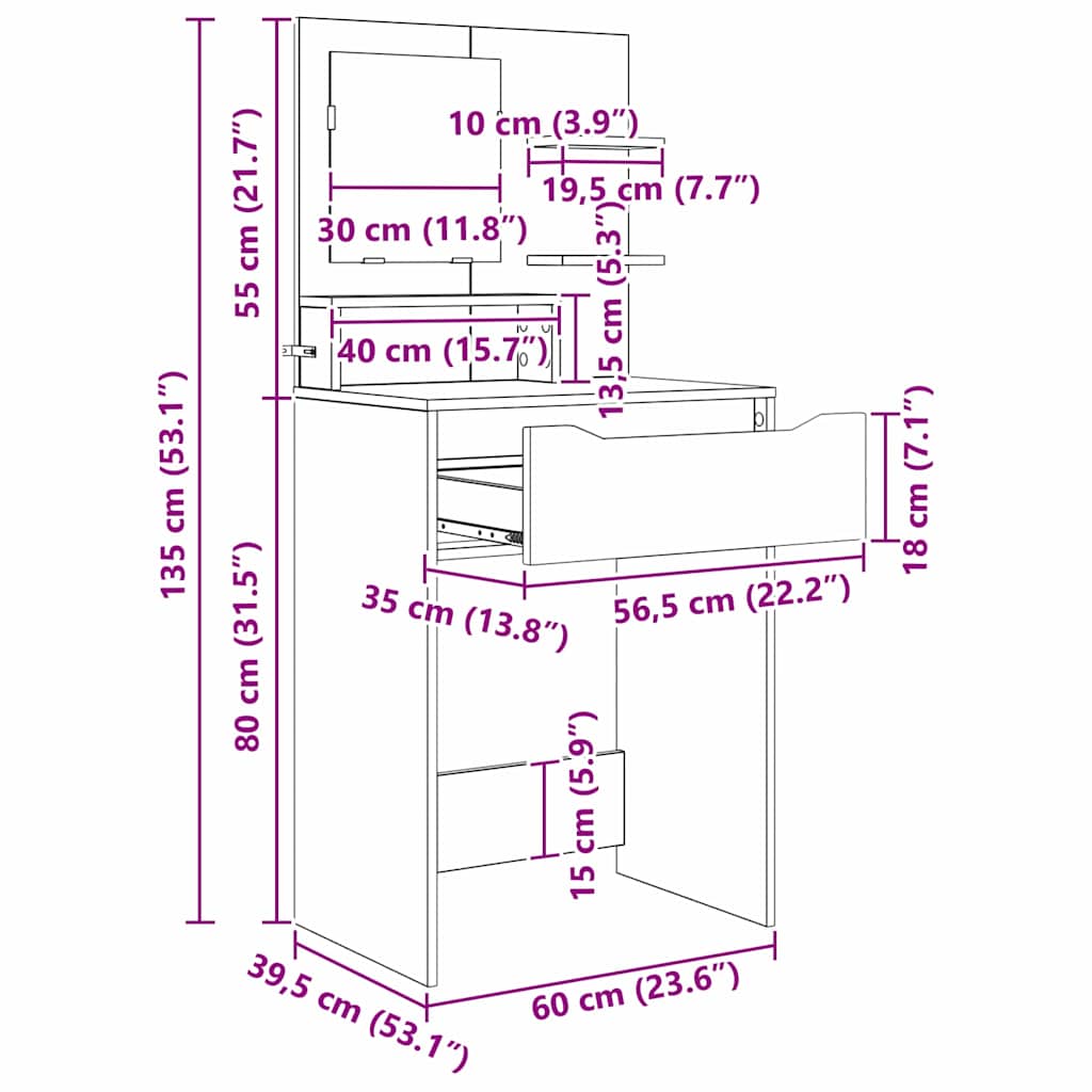 vidaXL Bedroom Dressing Tables White 80 x 39.6 x 135 cm Engineered Wood