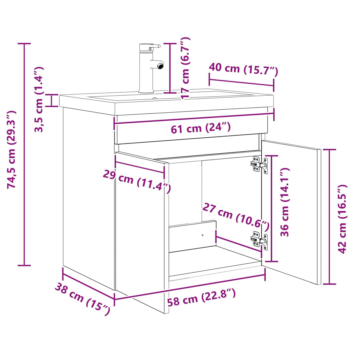vidaXL Badkamermeubel met kraan Wit 61 x 40 x 74,5 cm