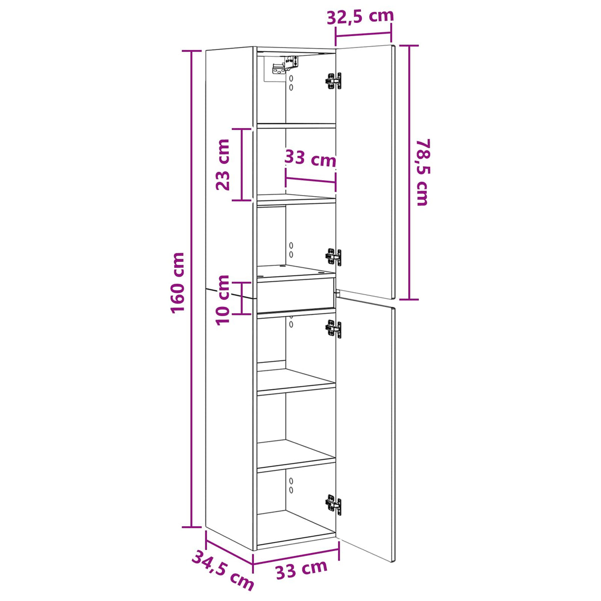 vidaXL Wandgemonteerde Badkamerkast Wit 33 x 34,5 x 160 cm