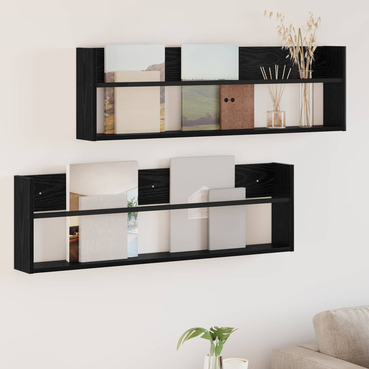 vidaXL Magazine Rack Black Oak 60 x 12 x 30 cm Engineered Wood