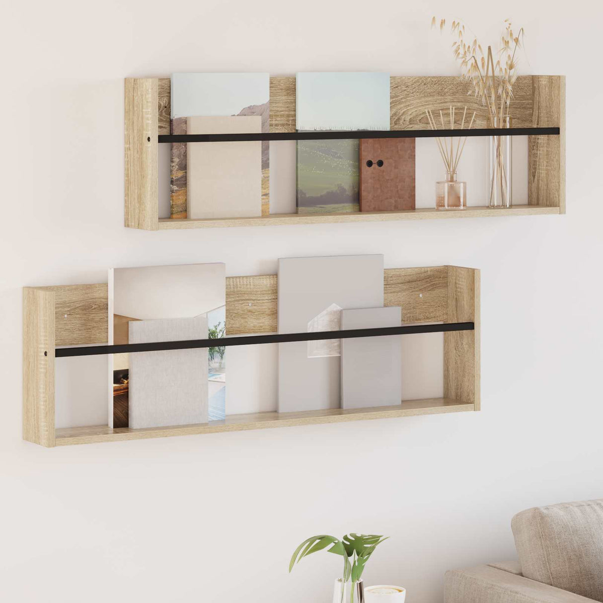 vidaXL Magazine Rack Black Oak 60 x 12 x 30 cm Engineered Wood