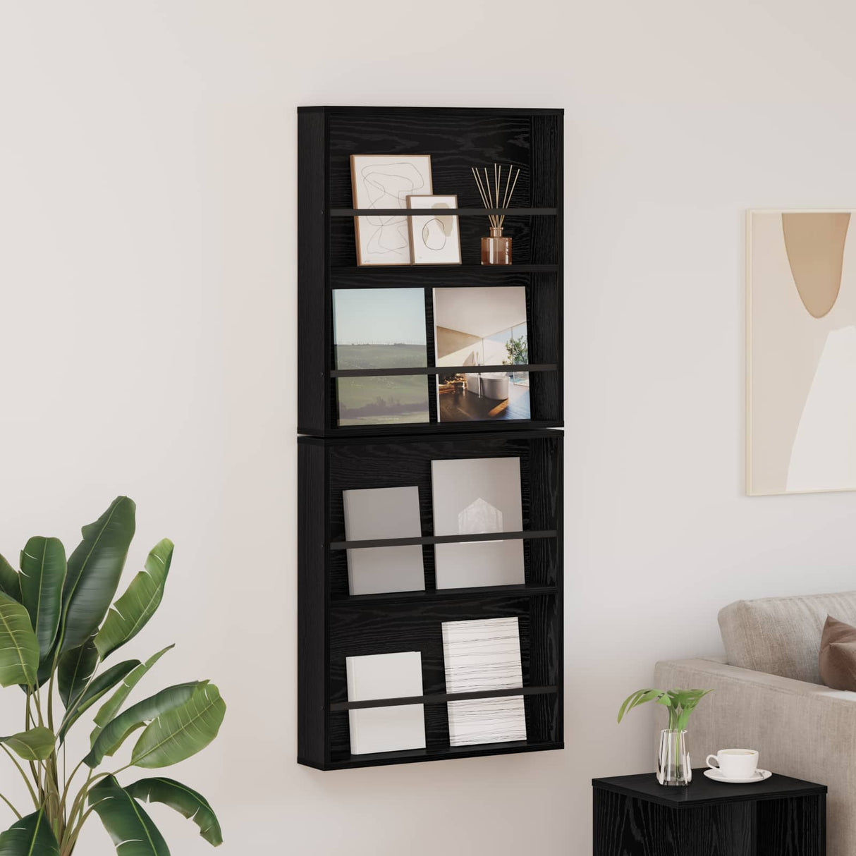 vidaXL Magazine Rack Black Oak 60 x 12 x 70 cm Engineered Wood