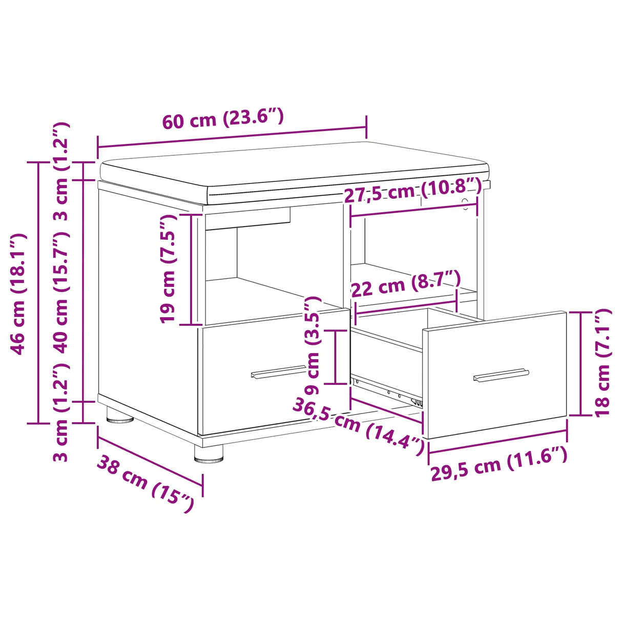 vidaXL Hallenbank Wit 60 x 38 x 46 cm Geengineerd Hout en Stof
