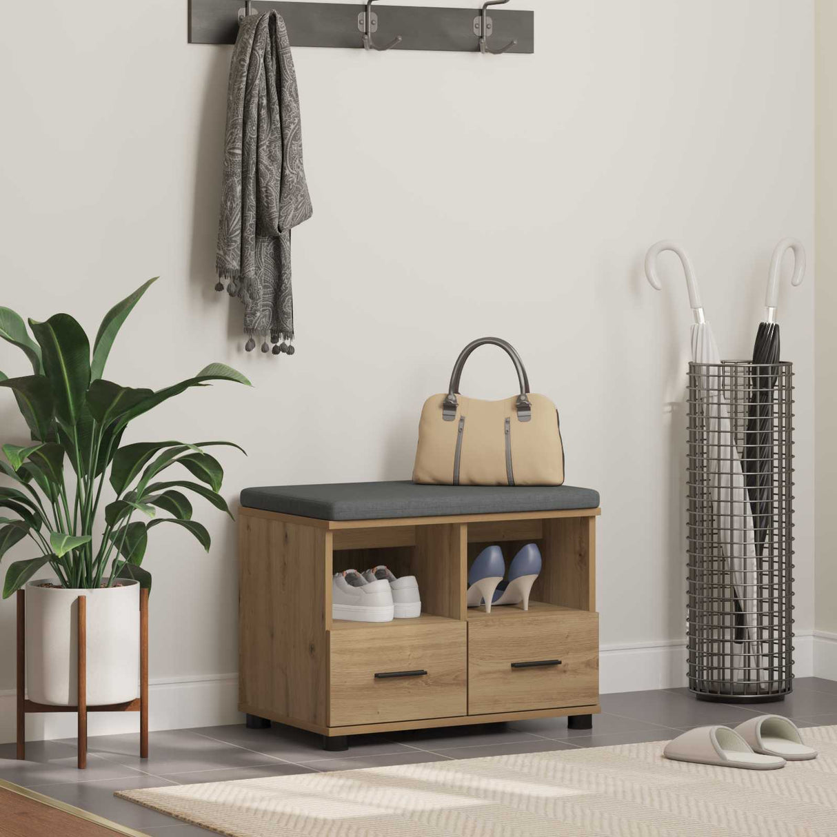 vidaXL Hallenbank Wit 60 x 38 x 46 cm Geengineerd Hout en Stof