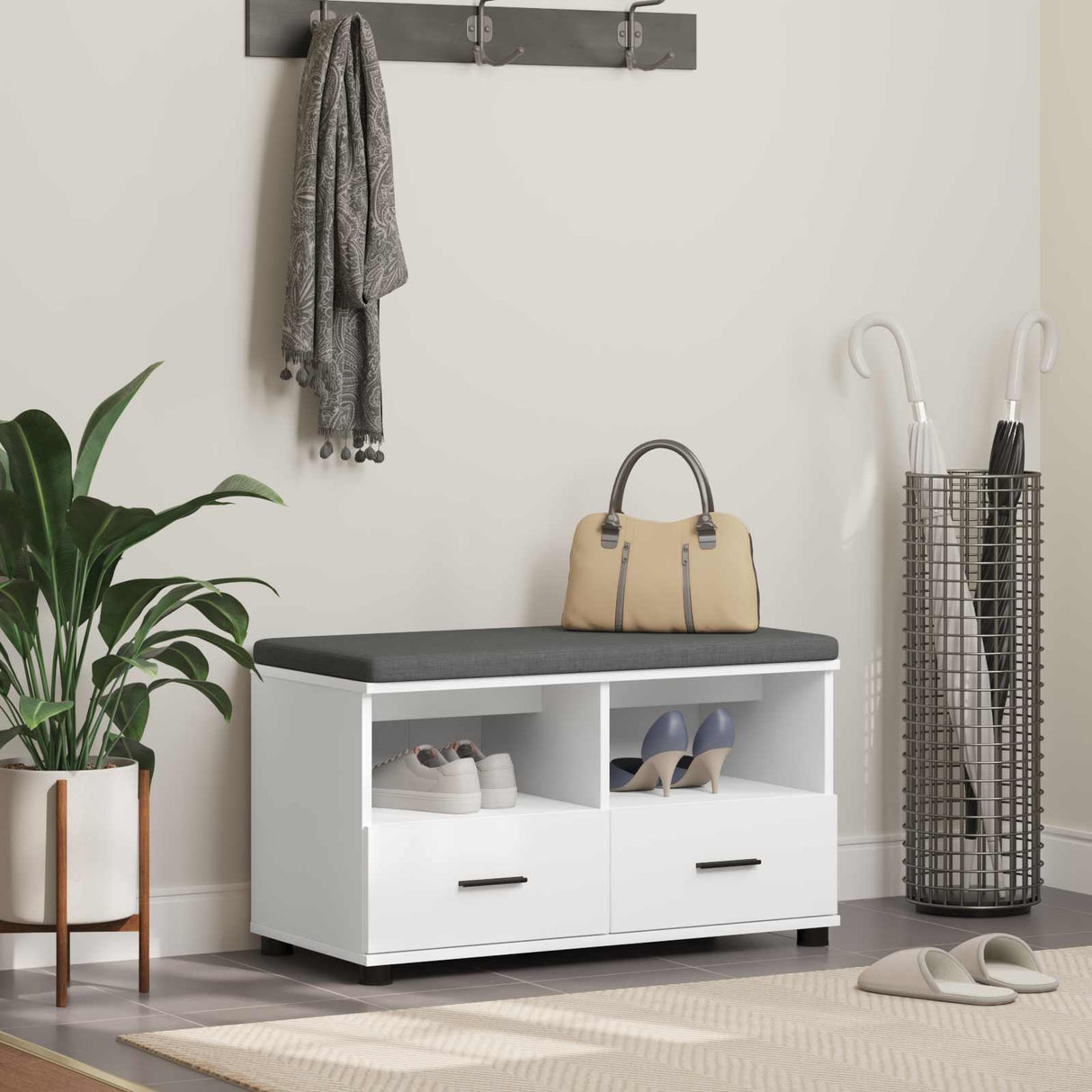 vidaXL Hallenbank Wit 60 x 38 x 46 cm Geengineerd Hout en Stof