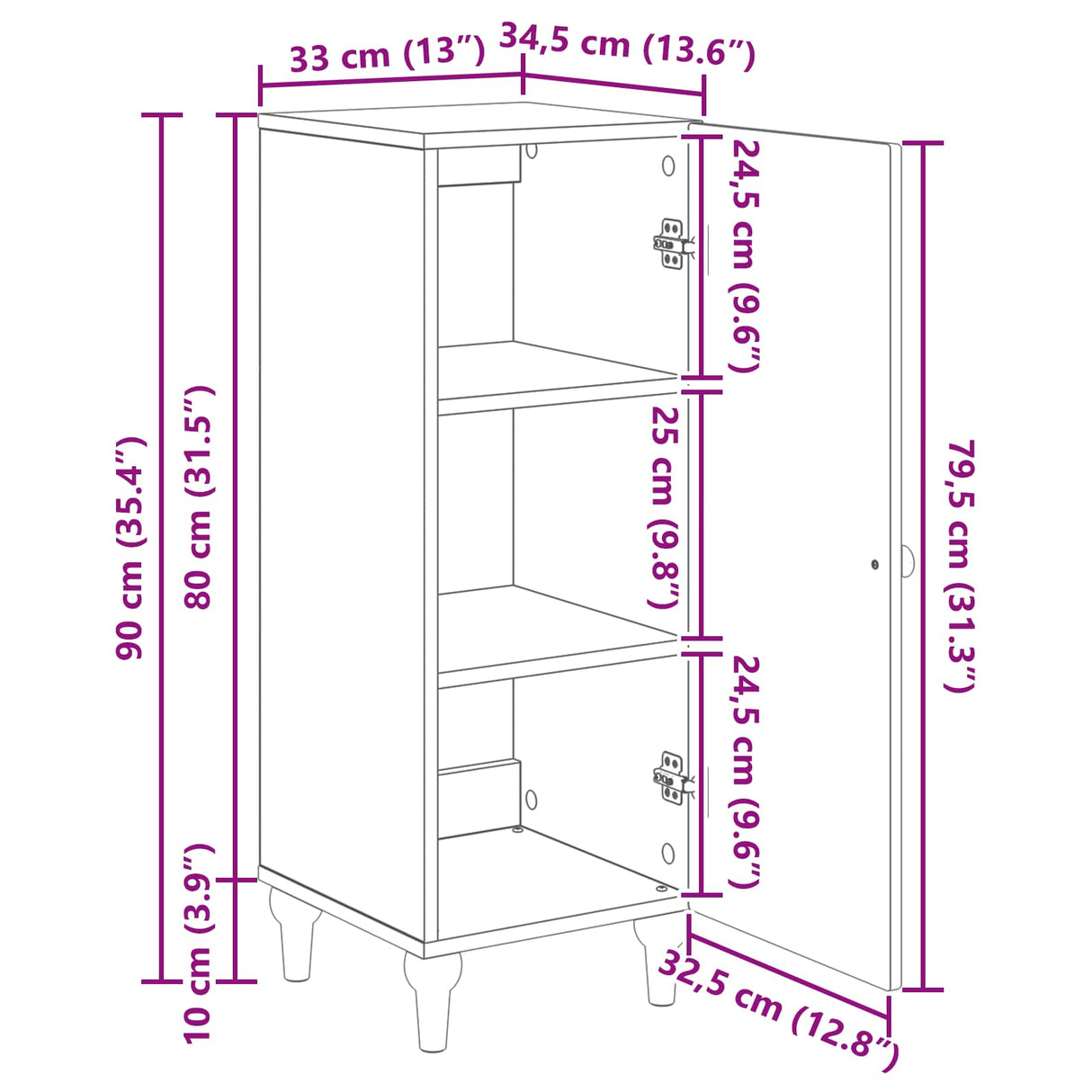 vidaXL Dressoir Wit 33 x 34,5 x 90 cm Bewerkt hout