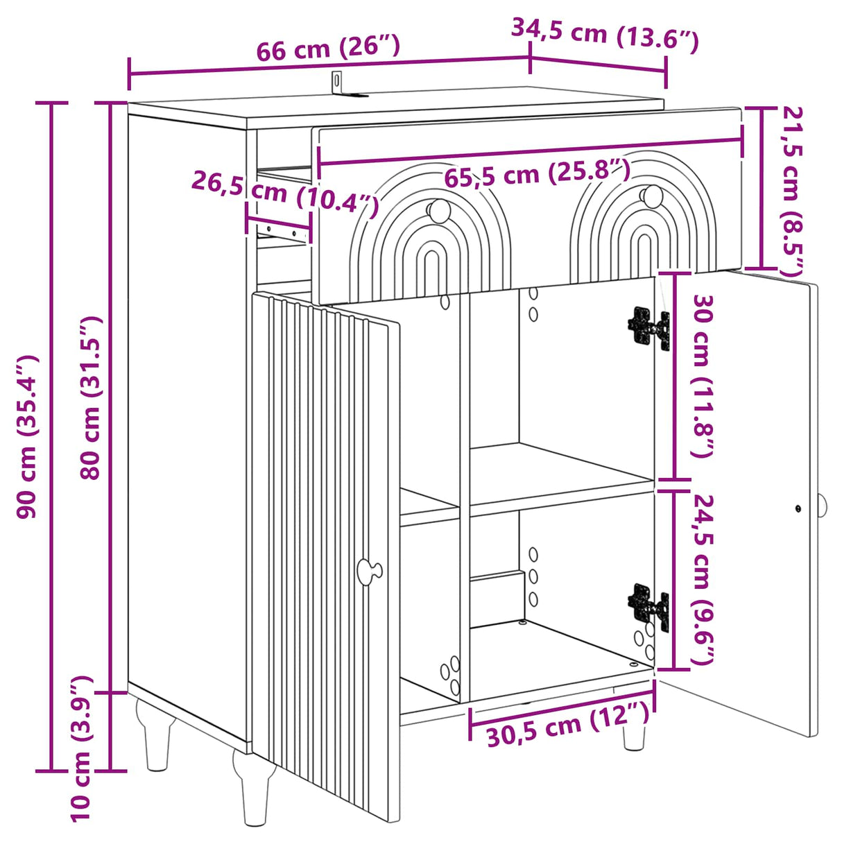 vidaXL Dressoir met lade Wit 66 x 34,5 x 90 cm Bewerkt hout