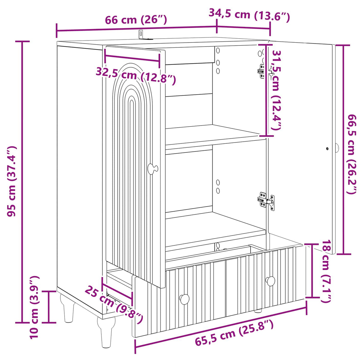 vidaXL Dressoir met lade Wit 66 x 34,5 x 95 cm Bewerkt hout