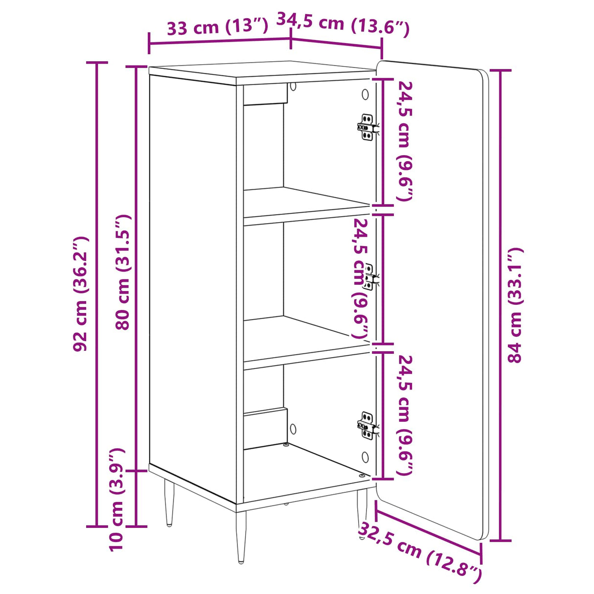 vidaXL Dressoir Wit 34,5 x 33 x 92 cm Bewerkt hout