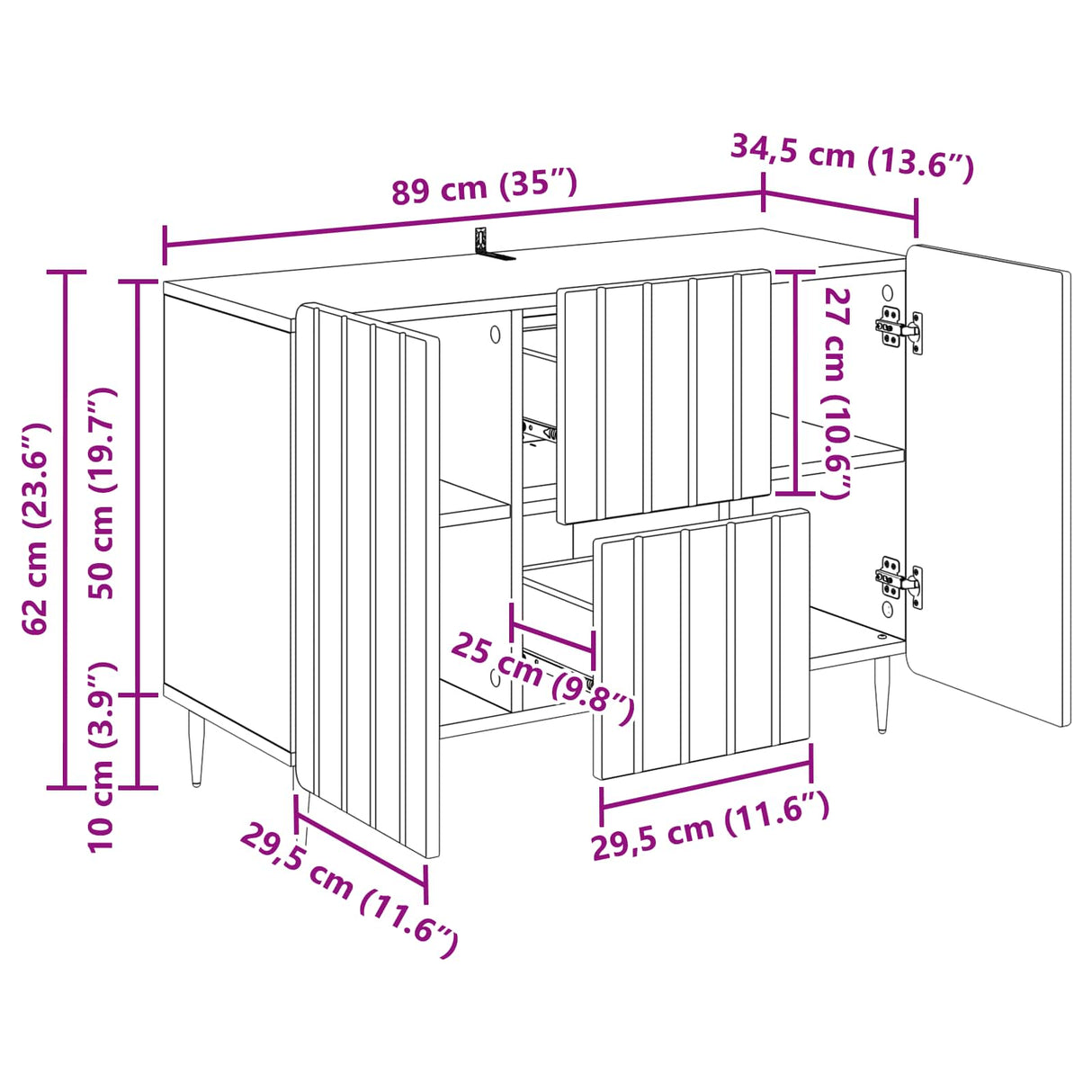 vidaXL Dressoir met lade Wit 89 x 34,5 x 62 cm Bewerkt hout