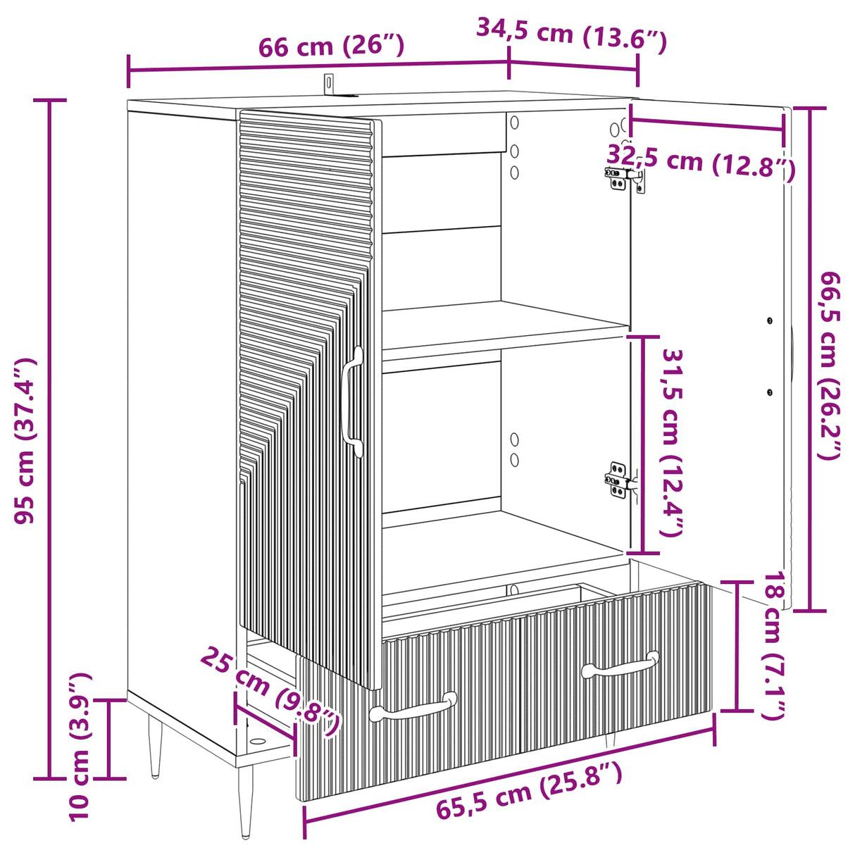 vidaXL Dressoir met lade Wit 66 x 34,5 x 95 cm Bewerkt hout