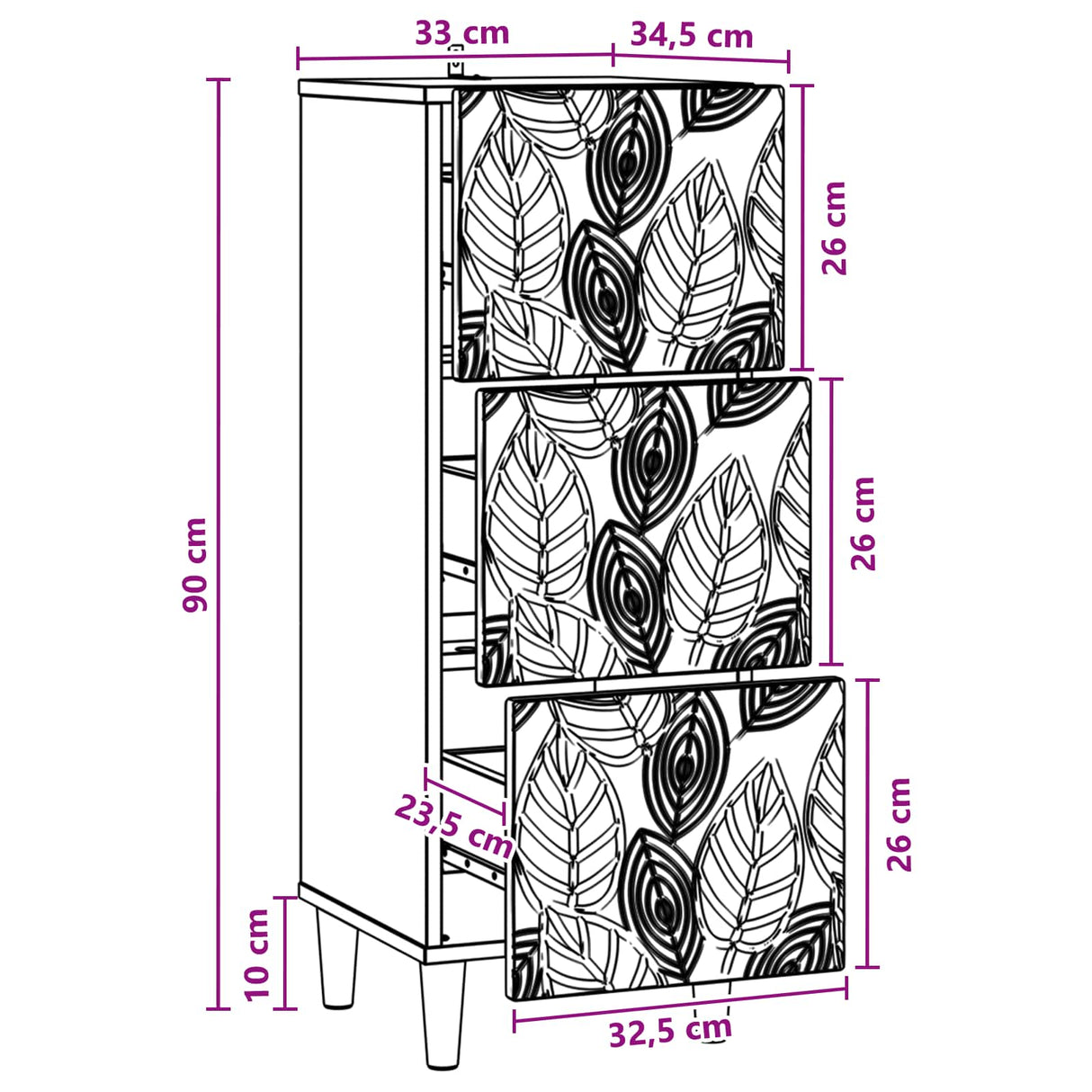 vidaXL Drawer Cabinet White 33 x 34.5 x 90 cm Engineered Wood