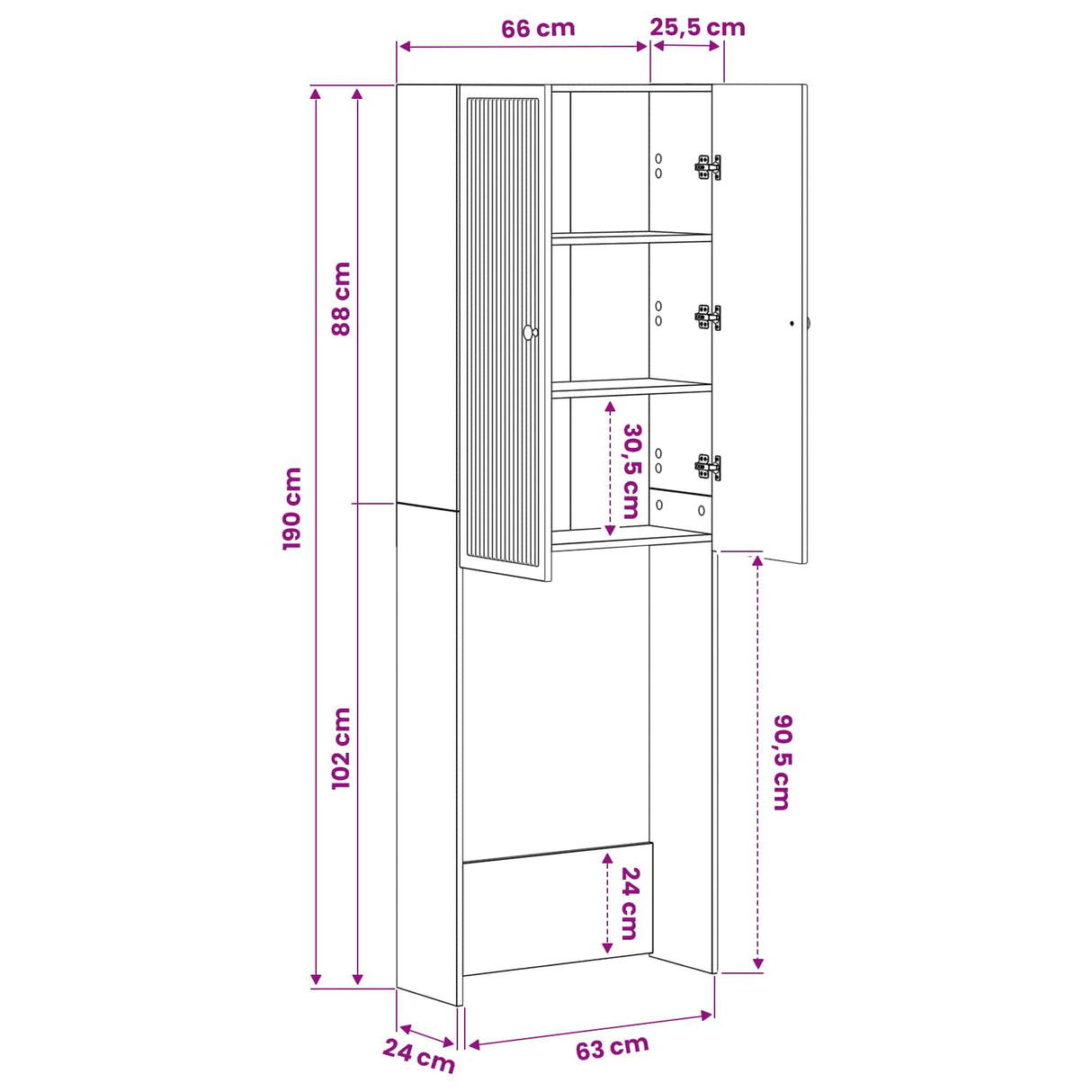 vidaXL Toiletkast EDE Wit 66 x 25,5 x 190 cm Bewerkt hout