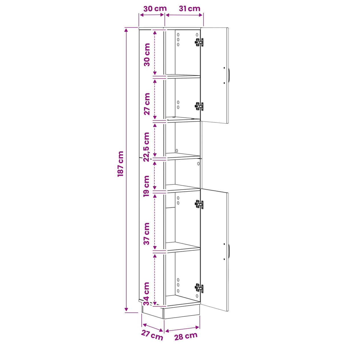 vidaXL Badkamerkast met Open Plank HOORN Wit 30 x 31 x 187 cm