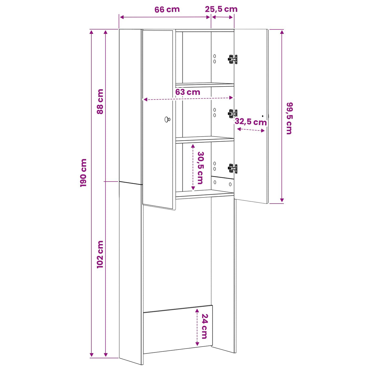 vidaXL Toiletkast BREDA Wit 66 x 25,5 x 190 cm Bewerkt hout