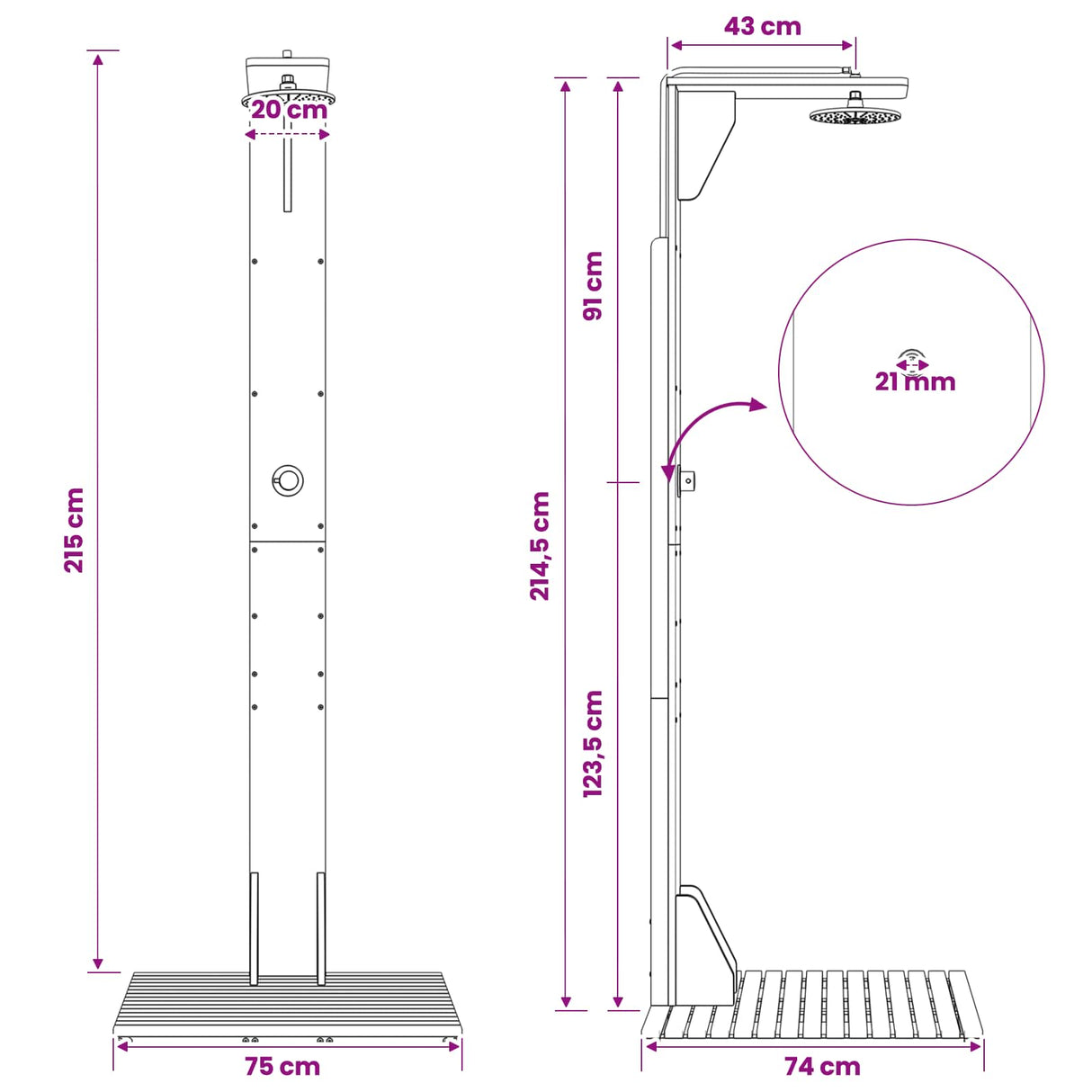 vidaXL Buitendouche 219 cm Massief acaciahout en roestvrij staal